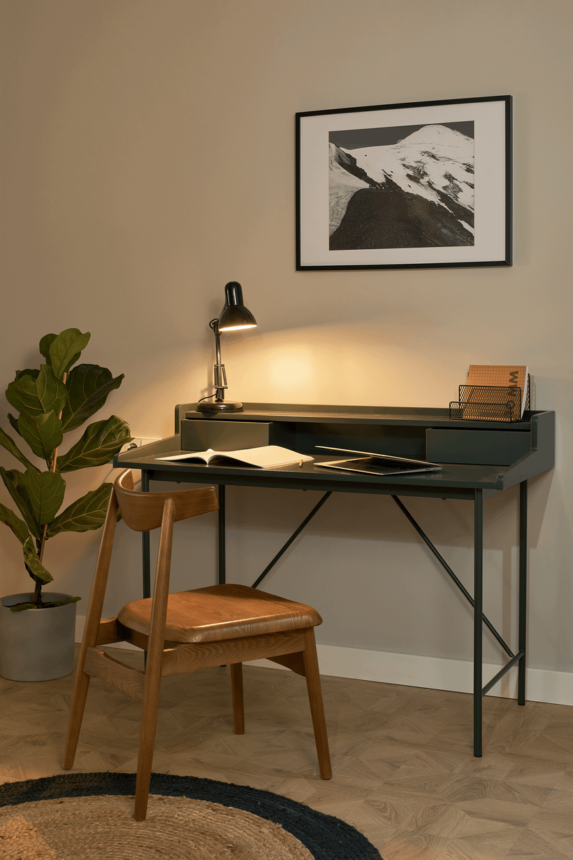 a desk and chair in a room with a potted plant. Green desk, wooden desk, zara home office, wooden desk chair, black and white picture, wall decoration fig tree, home staging, jute rug on floor, H&M home, by Aptó interiors. VT Wonen